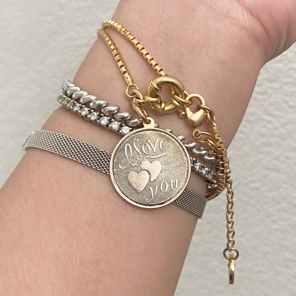 LK Gold-tone Double Chain “I Love You” Round name Plate Bracelet - Picture 2 of 15